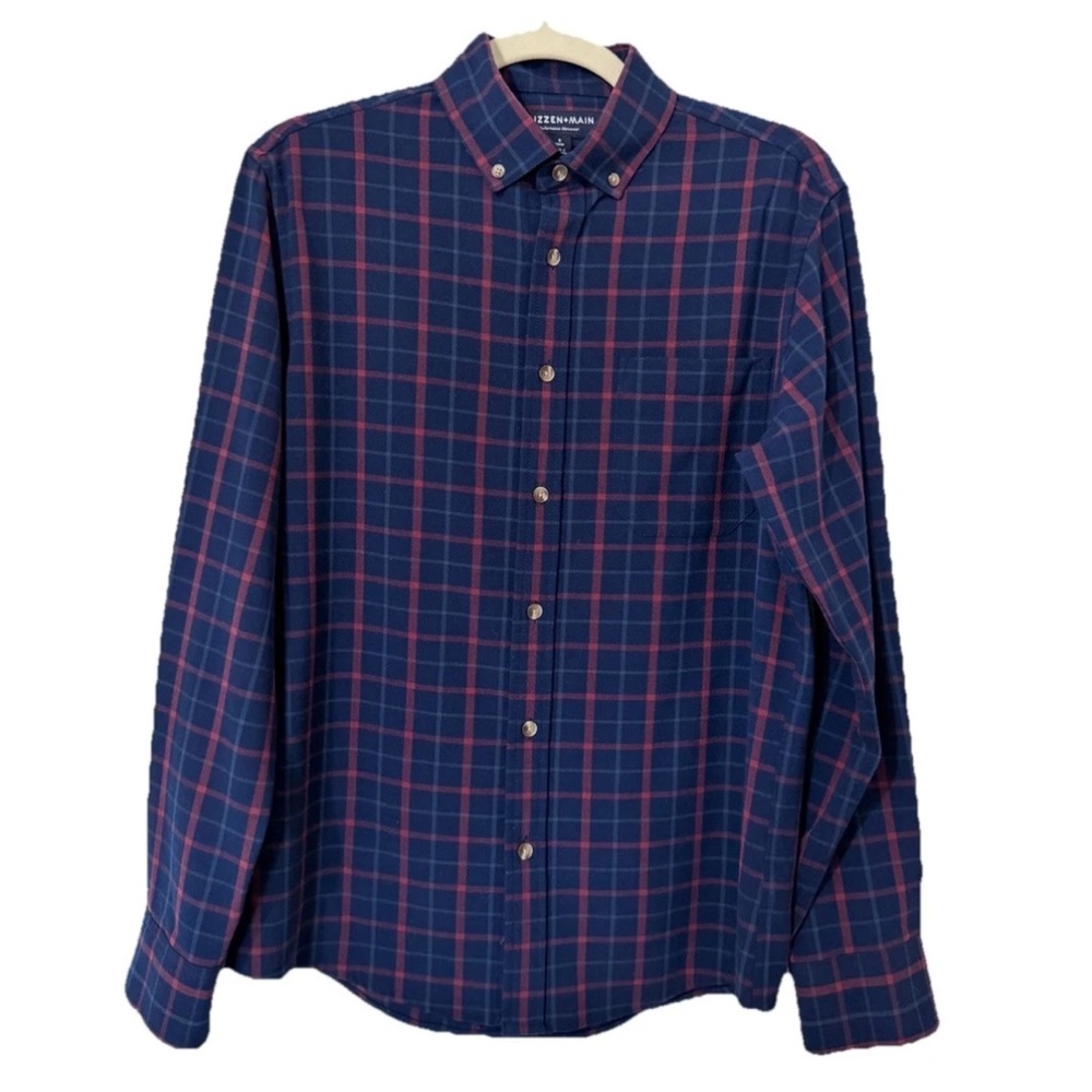 Mizzen + Main Navy Red Plaid Polyester Small Trim Fit Long Sleeve Shirt, EUC
